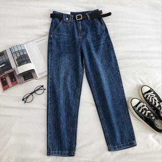 Plain High-waist Straight Cut Cropped Jeans