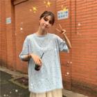 Elbow-sleeve Star Patterned Mesh Overlay T-shirt