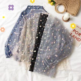 Flower Embroidered Mock-turtleneck Long-sleeve Mesh Top