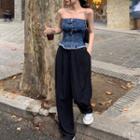 Strapless Fray Hem Denim Top / Wide Leg Dress Pants