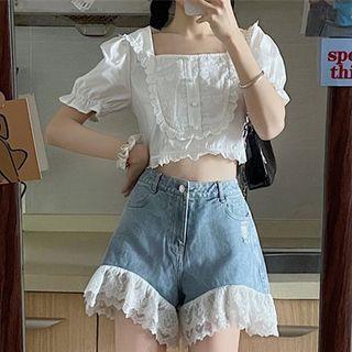 Puff-sleeve Lace Trim Cropped Blouse / Lace Panel Denim Wide Leg Shorts