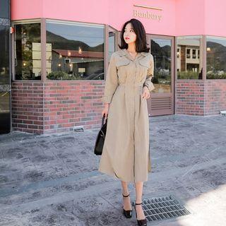 Notched-collar Pocket-front Maxi Shirtdress