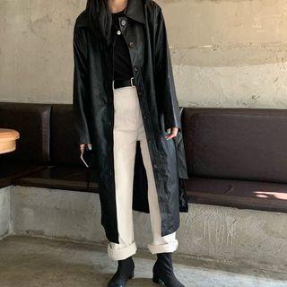 Faux-leather Long Button Jacket Black - One Size
