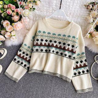 Round-neck Cropped Retro Sweater Off-white - One Size