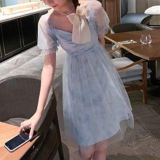 Puff-sleeve Mesh Panel Sequined Dress