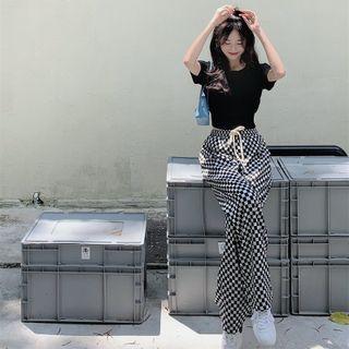 Checked High-waist Wide-leg Pants / Short-sleeve T-shirt