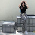Checked High-waist Wide-leg Pants / Short-sleeve T-shirt