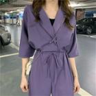 Drawstring Collared Elbow-sleeve Jumpsuit / Playsuit