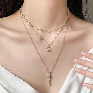 Set Of 3: Lock & Key Necklace + Choker Necklace Gold Plating - As Shown In Figure - One Size