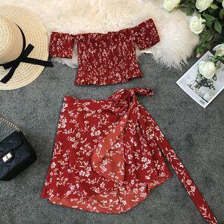 Set: Off-shoulder Floral Cropped Top + Floral Mini A-line Skirt