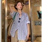 Short-sleeve Striped Loose-fit Shirt Blue - One Size