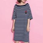 Rose Embroidered Striped T-shirt Dress