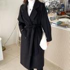 Double-breasted Raglan Long Coat With Sash