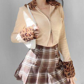 Fluffy Leopard Print Collar Zip-up Cardigan