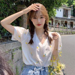 Floral Embroidered Short-sleeve V-neck Blouse White - One Size