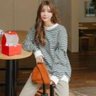 Plus Size Slit-cuff Striped T-shirt