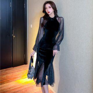 Flared-cuff Mesh Panel Velvet Sheath Dress