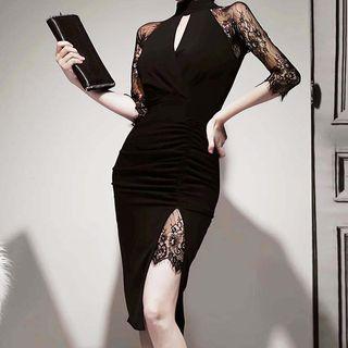 3/4-sleeve Lace Panel Midi Sheath Slit Dress