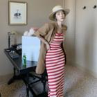 Sleeveless Cat-embroidered Striped Midi Dress / Elbow-sleeve Blazer