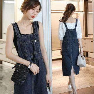 Short-sleeve Crew Neck T-shirt / Denim Midi Overall Dress / Set