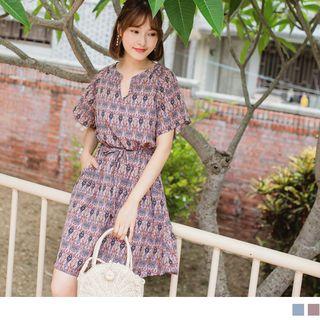 Drawstring Waist V-neck Print Dress