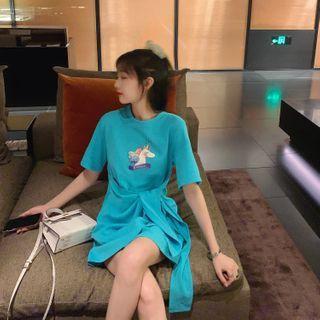 Unicorn Print Tie-waist Short-sleeve Mini T-shirt Dress