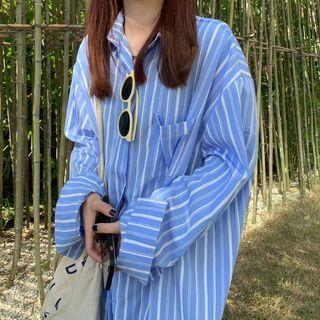 Long-sleeve Striped Midi Shirt Dress Stripe - Blue & White - One Size