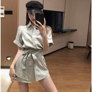 Set: Rolled Plain Long Shirt + Shorts With Sash