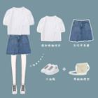 Ruffled Elbow-sleeve Blouse / Fray Hem Mini A-line Denim Skirt