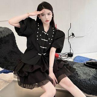 Puff-sleeve Beaded Blouse / Mesh Mini A-line Skirt