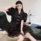 Puff-sleeve Beaded Blouse / Mesh Mini A-line Skirt