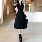 Puff-sleeve Mesh Panel Double-breasted A-line Dress