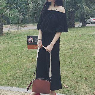 Plain Off-shoulder Short-sleeve Jumpsuit