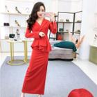 Mock Two-piece Long-sleeve Asymmetric Maxi Peplum Dress