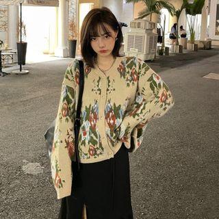Rose Print Cardigan Almond - One Size