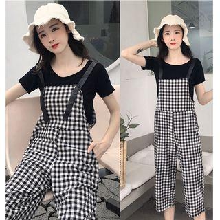 Set: Short-sleeve T-shirt + Plaid Jumper Pants