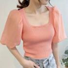 Puff-sleeve Chiffon Panel Slim-fit Cropped Knit Top