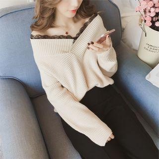 Lace V-neck Long-sleeve Sweater