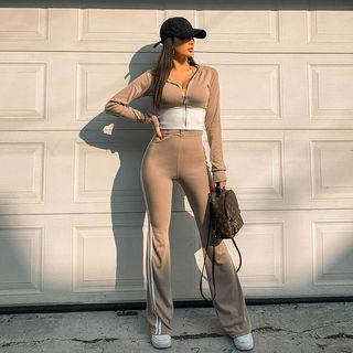 Set: Two-tone Slim-fit Zip-up Hoodie + Piped Boot-cut Pants