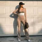 Set: Two-tone Slim-fit Zip-up Hoodie + Piped Boot-cut Pants