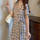Gingham Short-sleeve Collared Dress As Shown In Figure - One Size