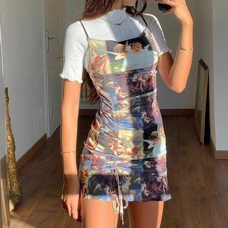 Spaghetti Strap Graphic Print Drawstring Mini Bodycon Dress
