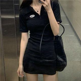 Short-sleeve Collared Mini Sheath Dress Black - One Size