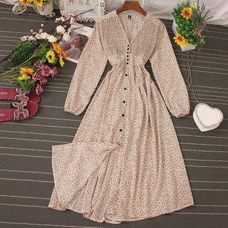Floral V-neck Button-up Midi A-line Dress