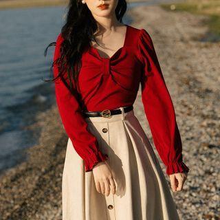 Set: Knotted Knit Top + Button-up A-line Skirt