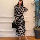 Long-sleeve Chain Print Maxi A-line Dress