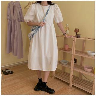 Set: Plain Short-sleeve Midi A-line Dress + Lace Bucket Hat