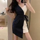 Short-sleeve Striped Panel Mini Blazer Dress