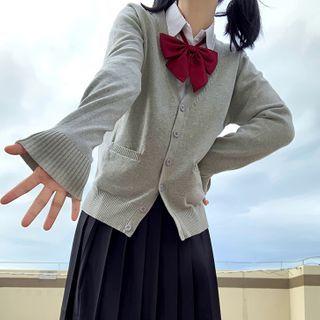 Plain Shirt / Midi Accordion Pleat Skirt / Bow Tie / Pleated Skirt / Set