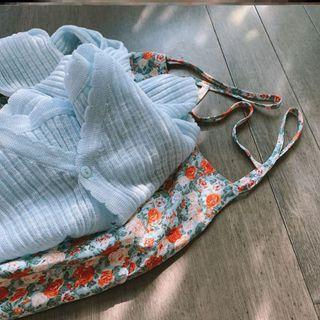 Set: Spaghetti Strap Floral Print Dress + Cardigan